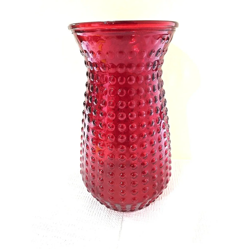 Vintage Red Hobnail Art Glass XL Dimpled Dot Pattern Mid-Century Decor
